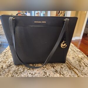 Michael Kors Black Purse, Voyager Large East West Top Zip Saffiano Leather Tote